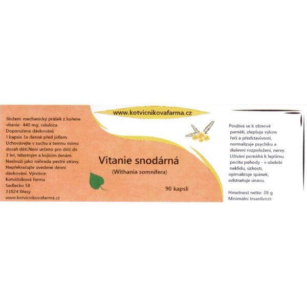 Vitánie snodárná (Withania somnifera) - 90 kapslí - etiketa