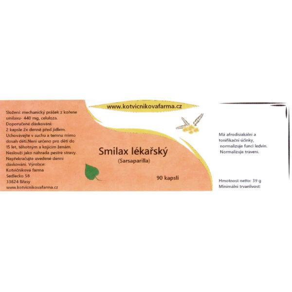 Smilax lékařský (Smilax officinalis) - 90 kapslí - etiketa